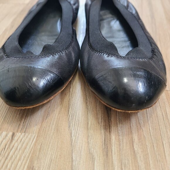 Chanel Ballet Flats 37.5 CC Logos Black Patent Cap Toe Pink Shine Elastic Trim - Picture 2 of 10